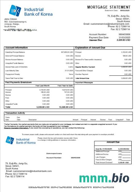 Korea Południowa Industrial Bank wyciąg z kredytu hipotecznego w formatach Word i PDF